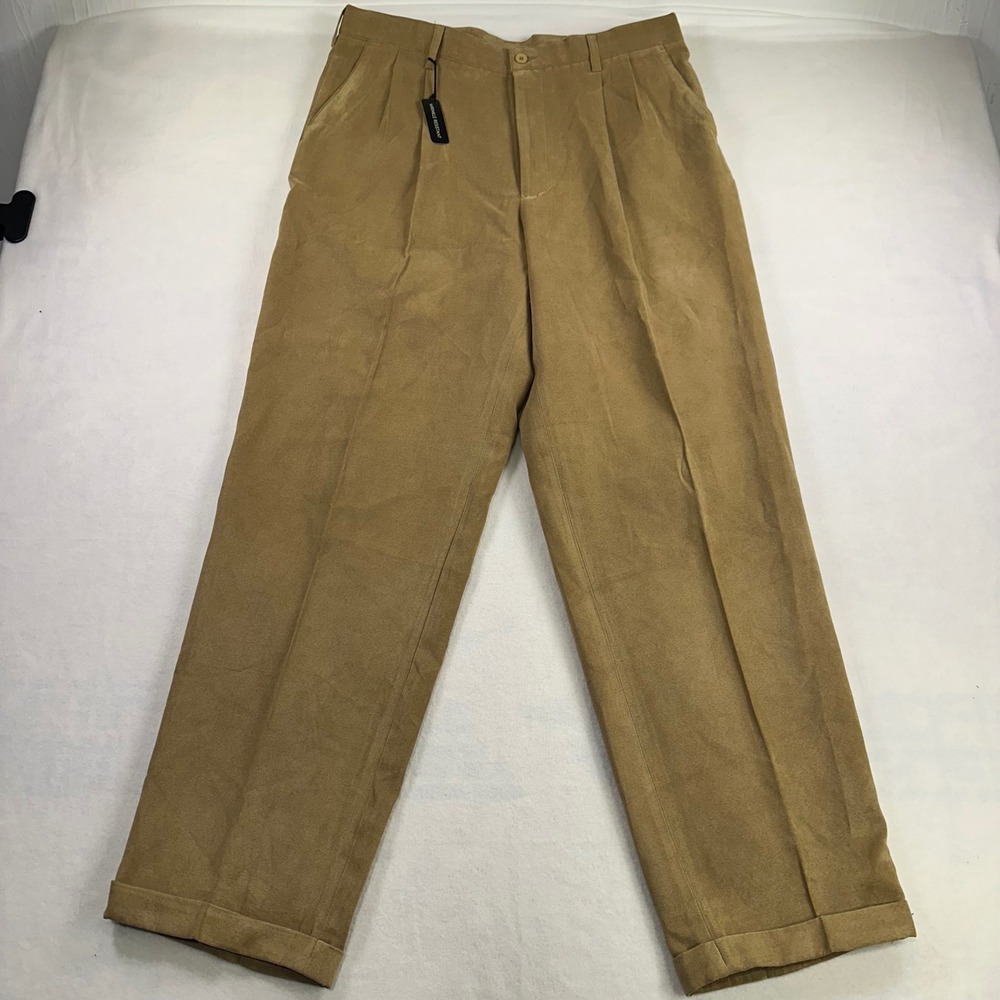 Adolfo Mens Pleated Dress Pants Tan Wrinkle Resistant Cuffed A44525BU 36x32 NWT